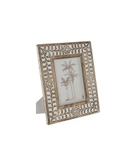 Cornice Portafoto Home ESPRIT Bianco Naturale Cristallo Legno di mango Fiore Indiano 31,5 x 2 x 36,5 cm