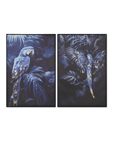 Quadro Home ESPRIT Azzurro Nero Dorato Pappagallo Tropicale 83 x 4 x 123 cm (2 Unità)