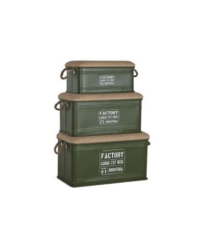 Set di Bauli Home ESPRIT Verde scuro Naturale Metallo Corda Fibra 69 X 37 X 37,5 cm (3 Unità)