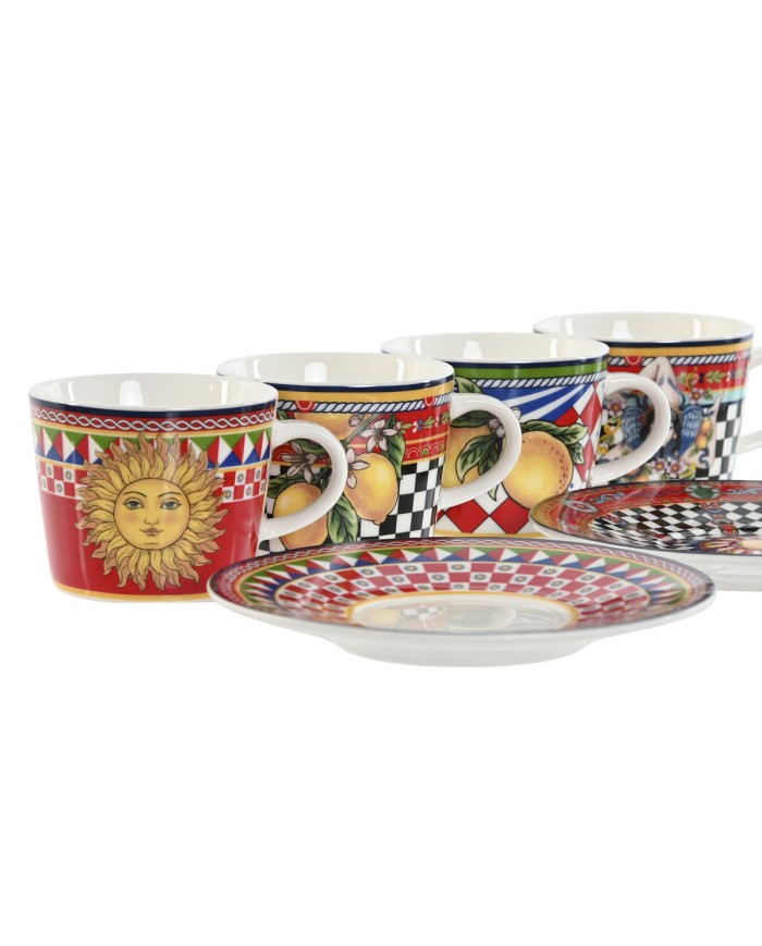 Set di Tazze e Piatti Home ESPRIT Giallo Rosso Porcellana 12,5 x 12,5 x 1,5 cm (4 Unità)