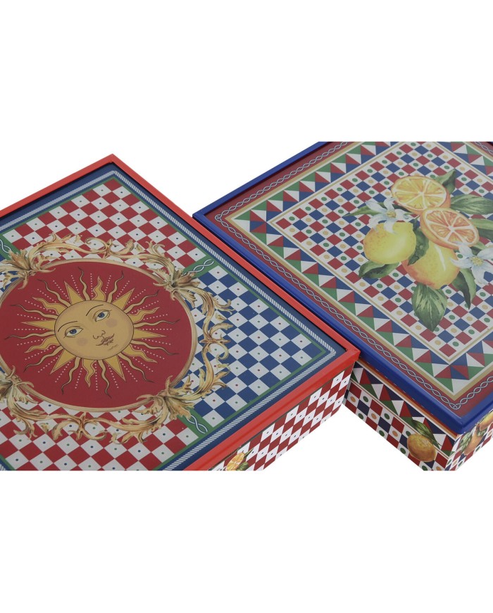 Scatola per Infusioni Home ESPRIT Azzurro Rosso Multicolore Metallo Cristallo Legno MDF 24 x 24 x 6,5 cm (2 Unità)