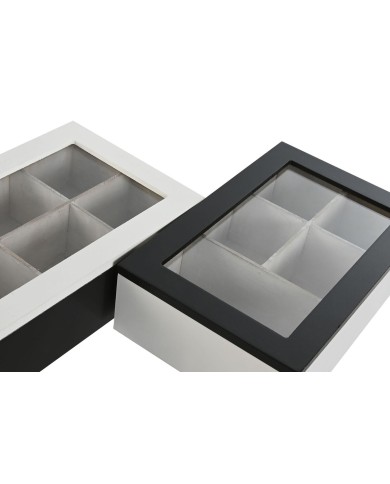 Scatola per Infusioni Home ESPRIT Bianco Nero Metallo Cristallo Legno MDF 23 x 15 x 6,5 cm (2 Unità)