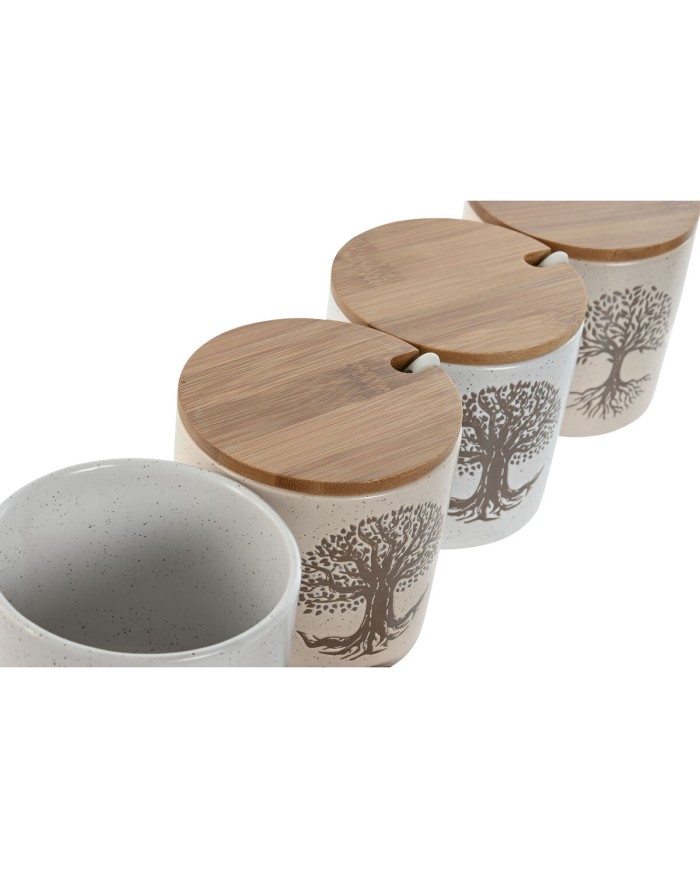 Portazucchero Home ESPRIT Bianco Beige Bambù Gres 9,5 x 9,5 x 9,5 cm (4 Unità)