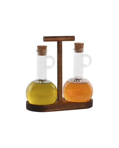 Set olio e aceto Home ESPRIT Naturale Cristallo Legno di acacia 350 ml 20,4 x 9 x 21 cm