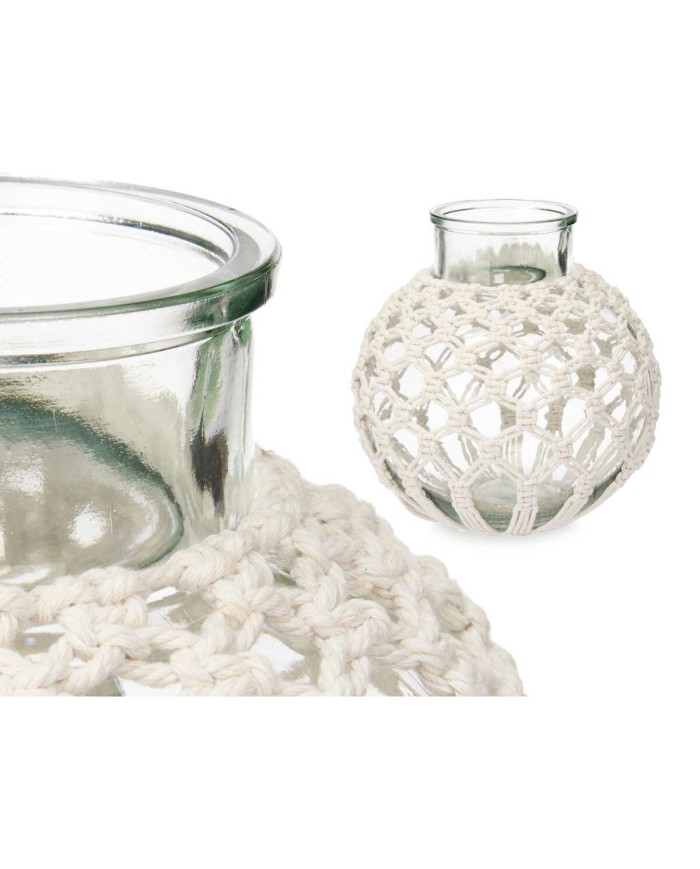 Vaso Bianco Stoffa Vetro 25 x 26,5 x 25 cm (4 Unità) Macramé Vaso Bianco Stoffa Vetro 25 x 26,5 x 25 cm (4 Unità) Macramé