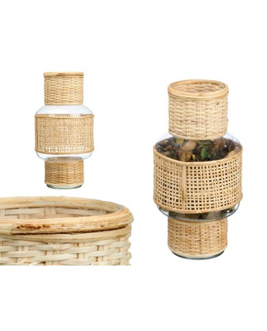 Portacandele SG-29653 Trasparente Naturale Vetro Rattan 15,5 x 31 x 15,5 cm (6 Unità)