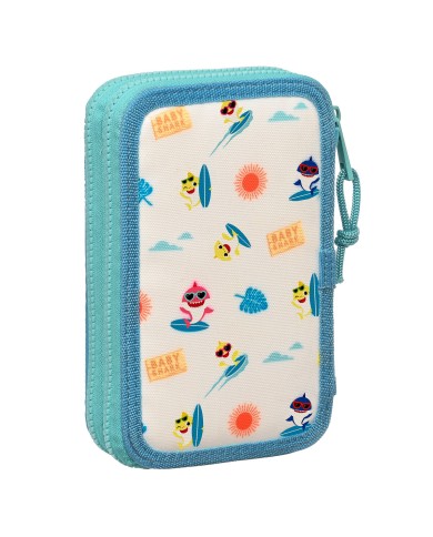 Astuccio Doppio Baby Shark Surfing Azzurro Bianco 12.5 x 19.5 x 4 cm (28 Pezzi)