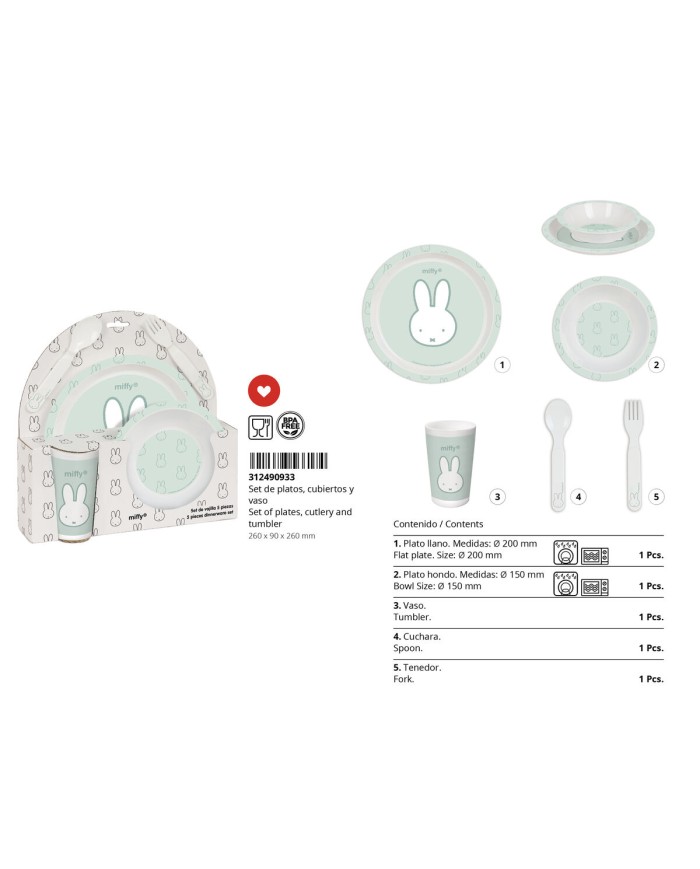 Set di stoviglie per bambini Miffy Menta (5 Pezzi)
