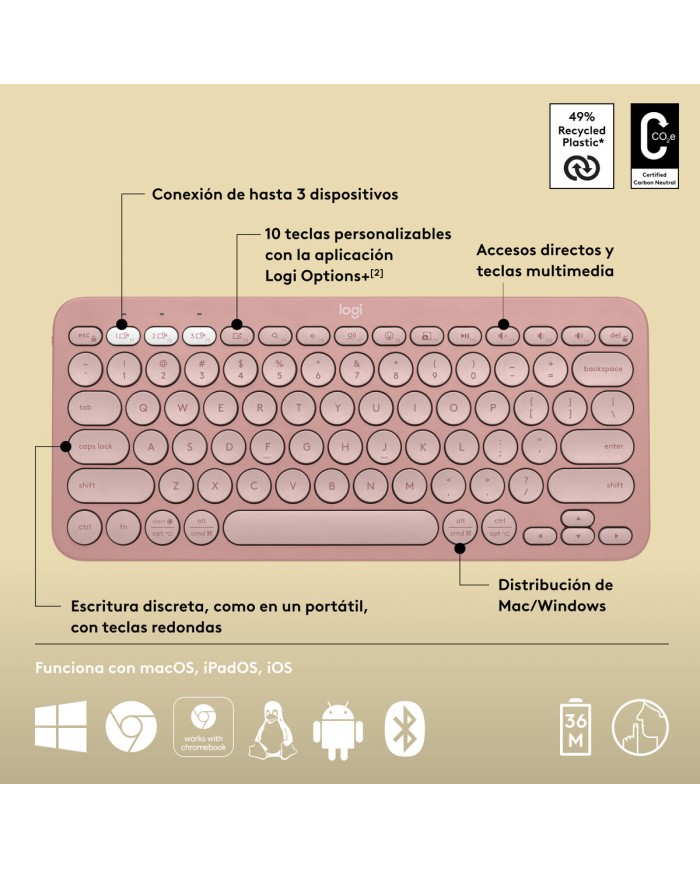 Tastiera Wireless Logitech K380s Rosa Qwerty in Spagnolo Tastiera Wireless Logitech K380s Rosa Qwerty in Spagnolo