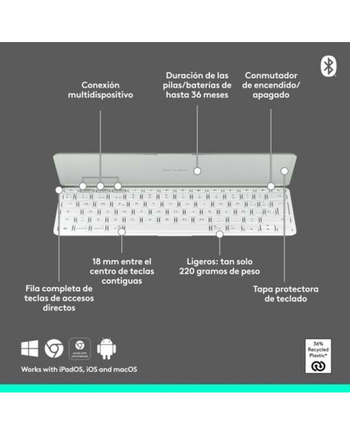 Tastiera Bluetooth Logitech 920-013011 Qwerty in Spagnolo Grigio Bianco/Grigio Tastiera Bluetooth Logitech 920-013011 Qwerty in Spagnolo Grigio Bianco/Grigio