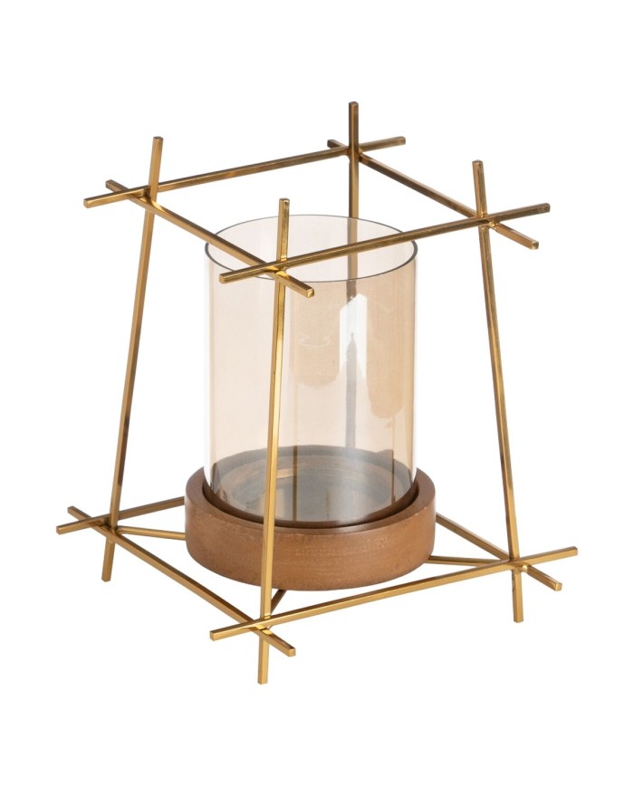Portacandele Marrone Dorato Legno Cristallo Acciaio 20 x 20 x 23 cm Portacandele Marrone Dorato Legno Cristallo Acciaio 20 x 20 x 23 cm
