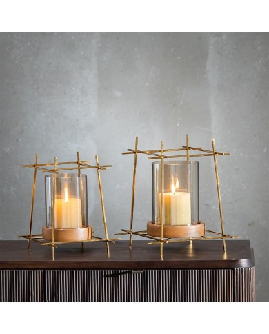 Portacandele Marrone Dorato Legno Cristallo Acciaio 20 x 20 x 23 cm