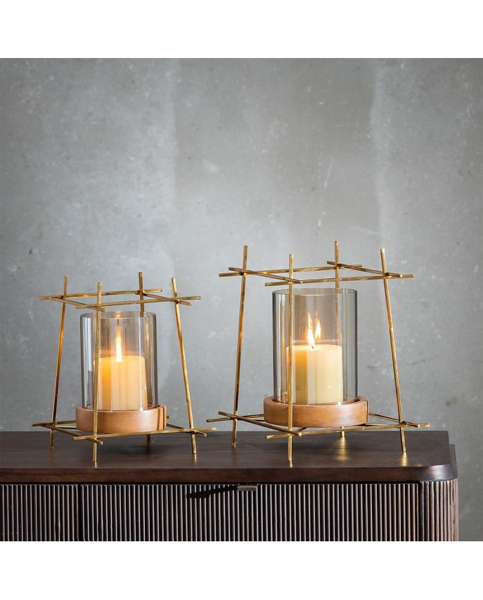 Portacandele Marrone Dorato Legno Cristallo Acciaio 20 x 20 x 23 cm Portacandele Marrone Dorato Legno Cristallo Acciaio 20 x 20 x 23 cm