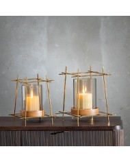 Portacandele Marrone Dorato Legno Cristallo Acciaio 20 x 20 x 23 cm Portacandele Marrone Dorato Legno Cristallo Acciaio 20 x 20 x 23 cm