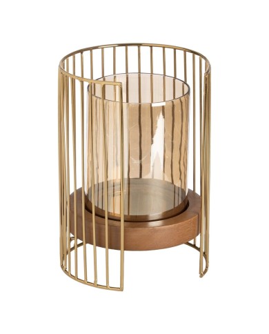 Portacandele Marrone Dorato Legno Cristallo Acciaio 18 x 18 x 25 cm