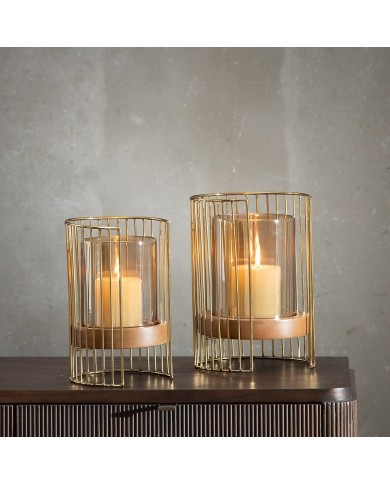 Portacandele Marrone Dorato Legno Cristallo Acciaio 18 x 18 x 25 cm