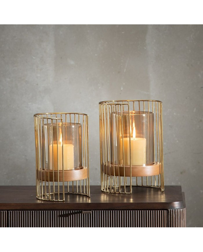 Portacandele Marrone Dorato Legno Cristallo Acciaio 18 x 18 x 25 cm Portacandele Marrone Dorato Legno Cristallo Acciaio 18 x 18 x 25 cm