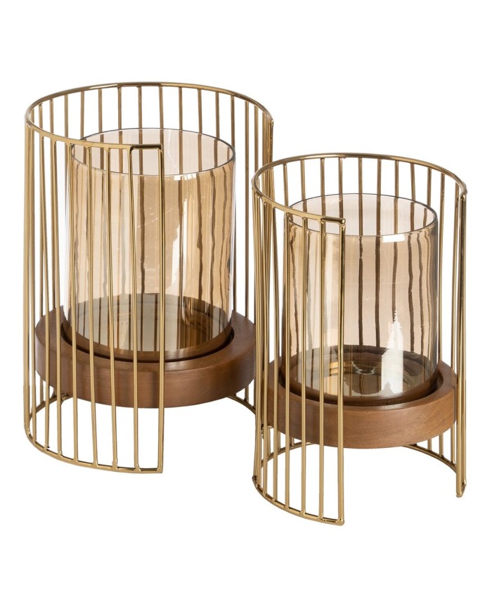 Portacandele Marrone Dorato Legno Cristallo Acciaio 18 x 18 x 25 cm Portacandele Marrone Dorato Legno Cristallo Acciaio 18 x 18 x 25 cm