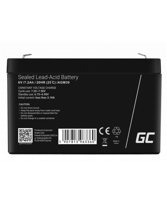 Batteria per Gruppo di Continuità UPS Green Cell AGM39 7200 mAh 6 V Batteria per Gruppo di Continuità UPS Green Cell AGM39 7200 mAh 6 V