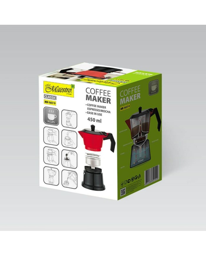 Caffettiera Italiana Feel Maestro MR-1657-9 Nero Rosso Alluminio 450 ml 9 Tazze Caffettiera Italiana Feel Maestro MR-1657-9 Nero Rosso Alluminio 450 ml 9 Tazze
