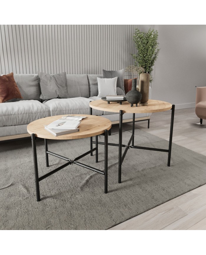 Set di 2 tavoli Alexandra House Living Nero Rovere Metallo Legno MDP 50 x 40 x 50 cm 65 x 50 x 65 cm