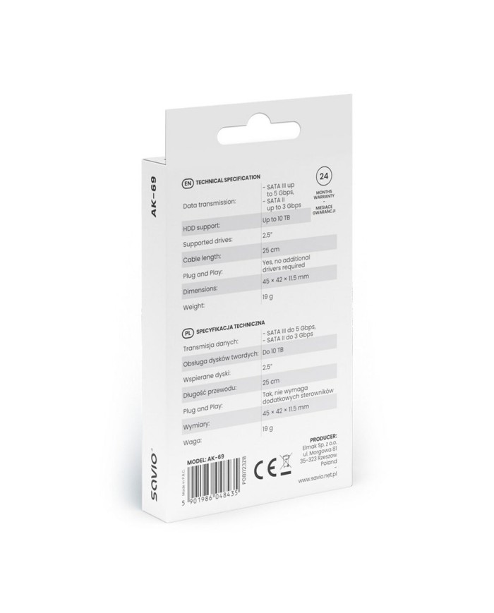 Adattatore da USB a SATA per Hard Disk Savio AK-69 25 cm