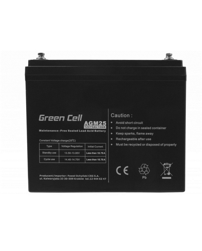 Batteria per Gruppo di Continuità UPS Green Cell AGM25 75 Ah 12 V Batteria per Gruppo di Continuità UPS Green Cell AGM25 75 Ah 12 V