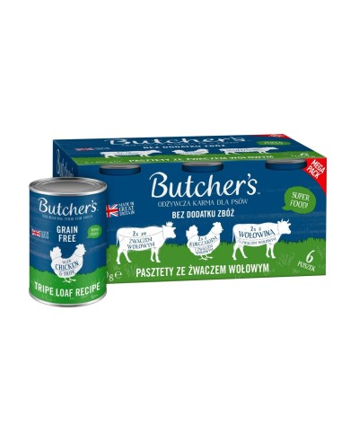 Cibo umido Butcher's Original Mega pack mix tripe loaf recipe Carne di manzo e vitello 6 x 400 g